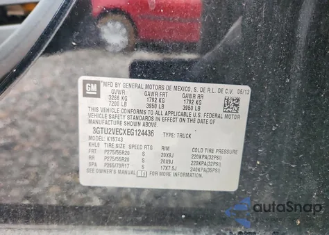 2014 GMC Sierra K1500 Slt z USA, uszkodzony, nr VIN 3GTU2VECXEG124436